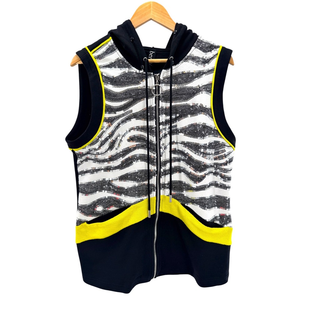 Berek Bling Bling Zebra Sequin Vest L Black Neon Yellow Hooded Zip Wearable Art